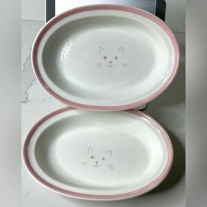 Teacup's Diner Ceramic Cat Food Water Bowl Dish Oblong White PINK PawPrints 6.5"